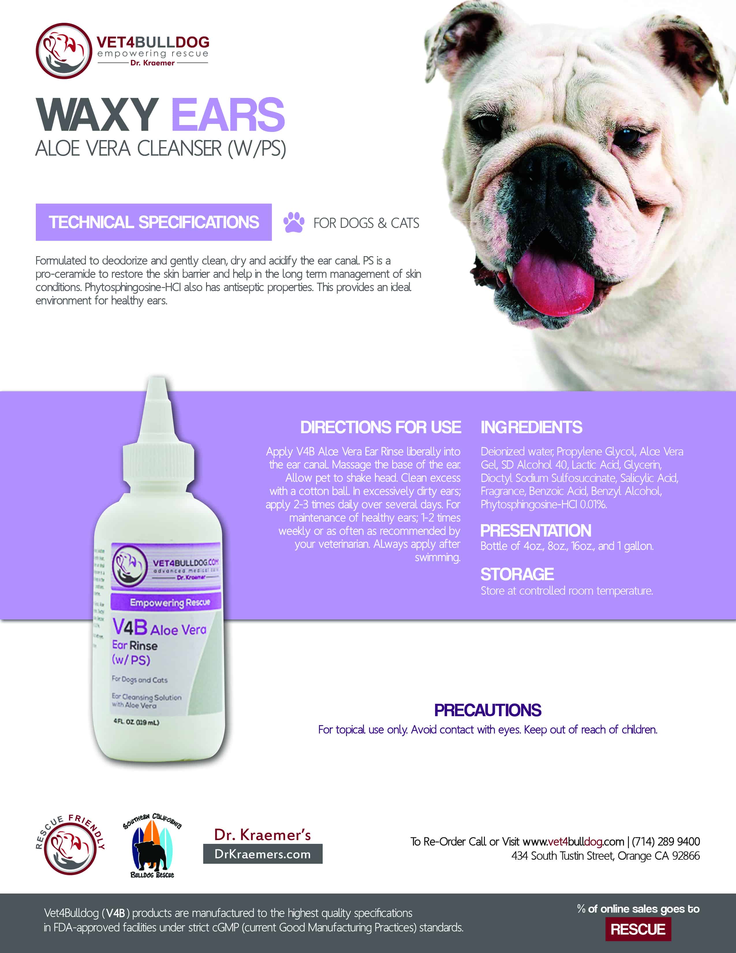 V4B Aloe Vera Ear Rinse for Bulldogs and French Bulldogs