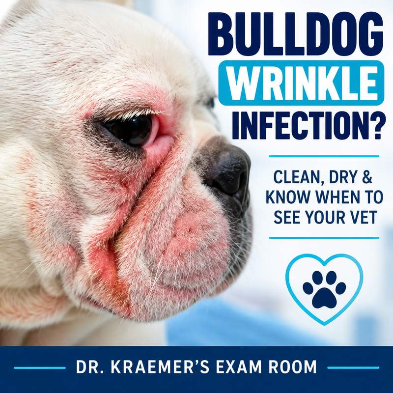 White Bulldog with red facial folds beside a veterinary guide to wrinkle infection care