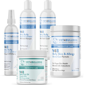 Bottles and containers of Vet4Bulldog skin care products.