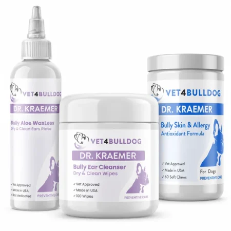 Bully Ears Essential-Care Bundle with current Aloe WaxLess Rinse, ear cleansing wipes, and Skin and Ears Allergy Chews