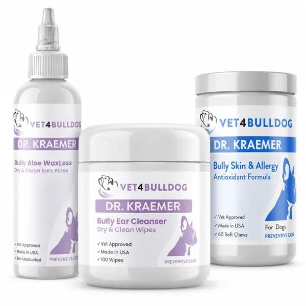 Bully Ears Essential-Care Bundle with current Aloe WaxLess Rinse, ear cleansing wipes, and Skin and Ears Allergy Chews