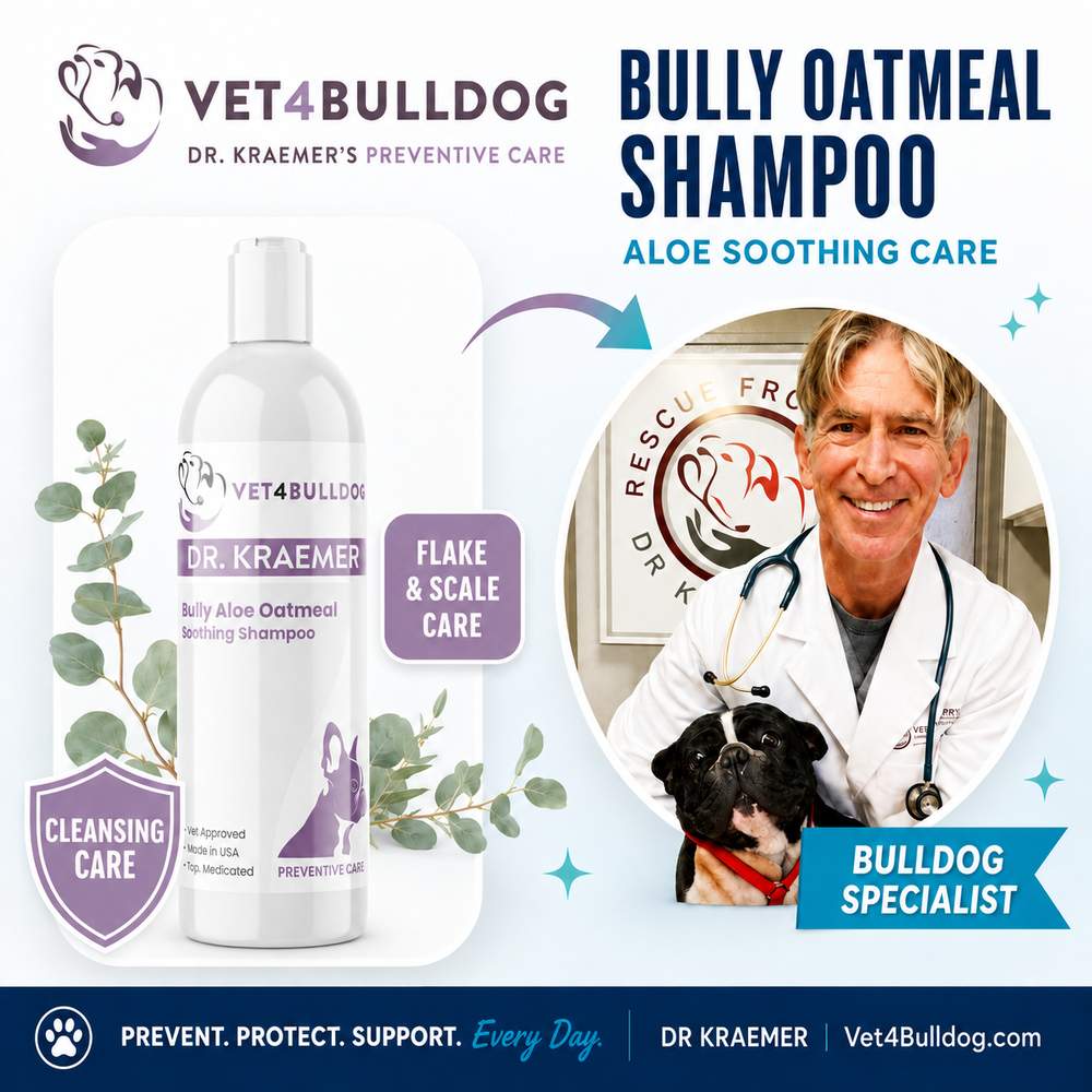Dr. Kraemer, bulldog specialist, with V4B Bully Aloe-Oatmeal Shampoo