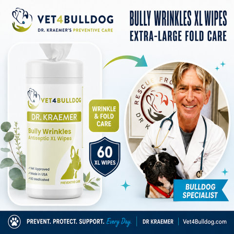 Dr. Kraemer, bulldog specialist, with V4B Bully Wrinkles Antiseptic XL Wipes
