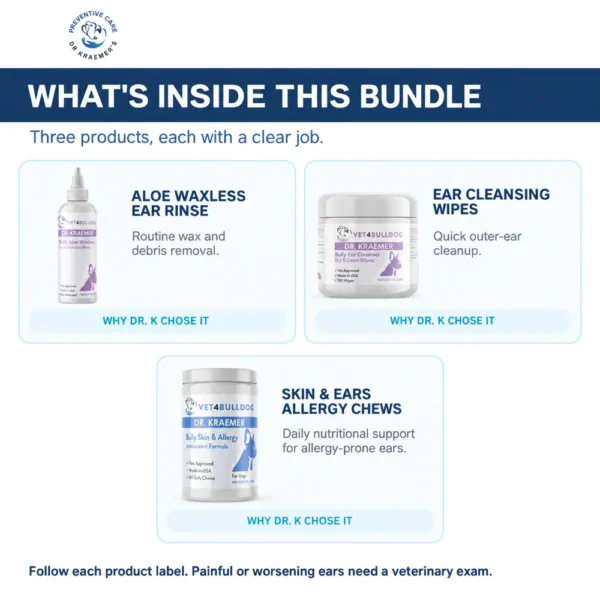 Three current products in the Bully Ears Essential-Care Bundle: aloe rinse, ear wipes, and Skin and Ears chews