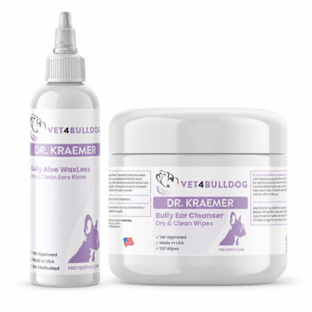 Two current-label Vet4Bulldog ear care products: aloe waxless rinse and cleansing wipes