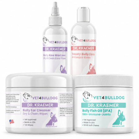 Four current-label Vet4Bulldog ear care products: cleansing wipes, aloe rinse, antiseptic rinse, and fish oil soft chews