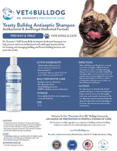 Bulldog stands beside Yeasty Bulldog Antiseptic Shampoo bottle.