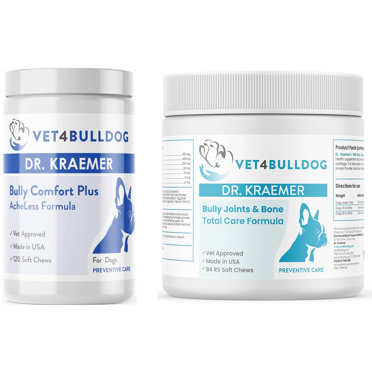 Bully Arthritis Pain and Ache Basic Bundle for bulldogs 59lb and under, Comfort Plus AcheLess and Joint and Bone Total Care shown together