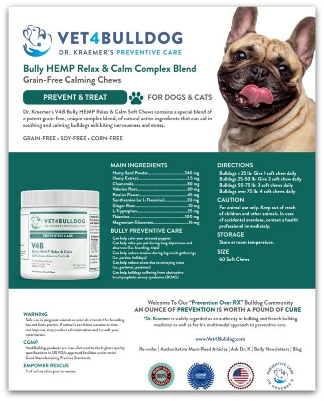 Dr. Kraemer V4B Fr. Bulldog Hemp Relax & Calm Therapeutic Supplement handout