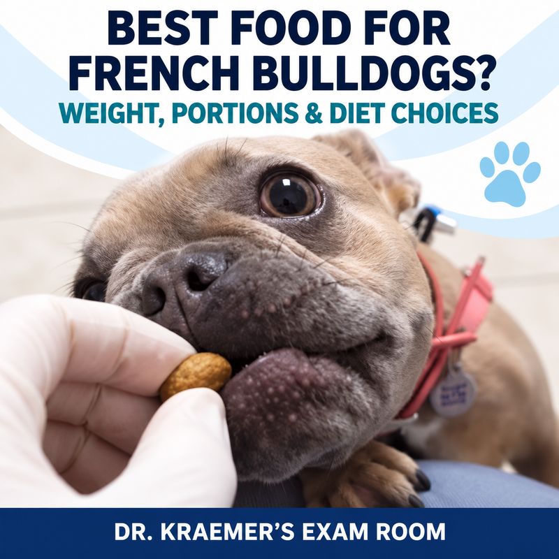 Real French Bulldog patient receiving kibble beside Dr. Kraemer's food and weight guide