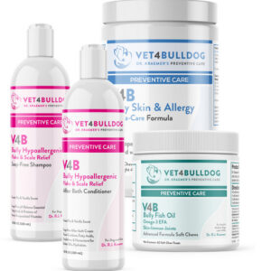 Bottles of veterinary care products for bulldogs with labels.