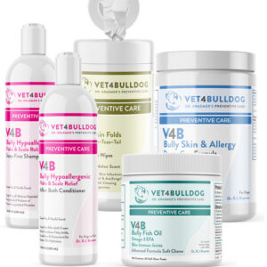 Bulldog care products displayed, promoting skin and allergy relief.