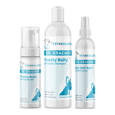 Bully Ringworm Fungus Basic Bundle with Yeasty Bully Antiseptic Gel, Antiseptic Shampoo and Hot Spot Spray on a white background.