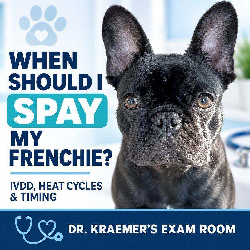 Black French Bulldog with a veterinary guide to spay timing, heat cycles, and IVDD risk