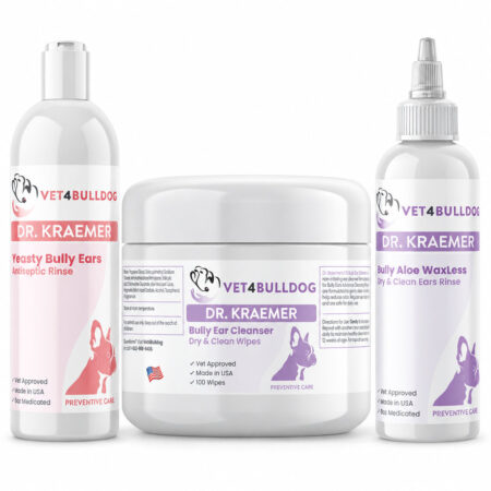 Three current-label Vet4Bulldog ear care products: antiseptic rinse, cleansing wipes, and aloe waxless rinse