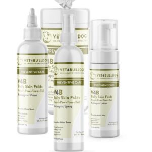 Bottles labeled "V4B" for dog skin care, antiseptic use.