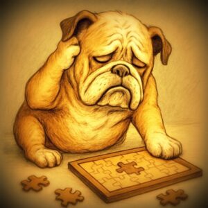 Confused Bulldog with Jigsaw Puzzle