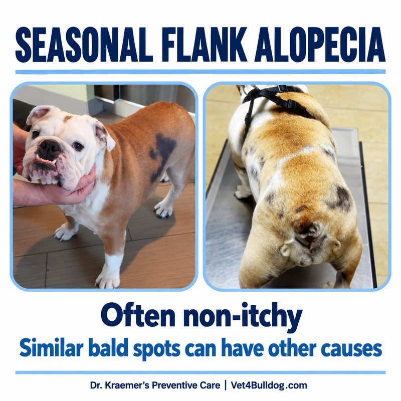 Clinical photos of a Bulldog with seasonal flank hair loss; similar bald patches can have other causes