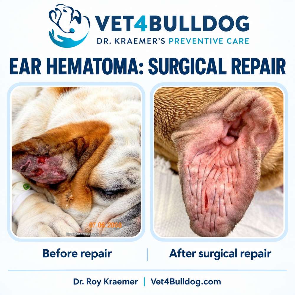 Dr. Kraemer’s Bulldog ear hematoma before and after surgical repair