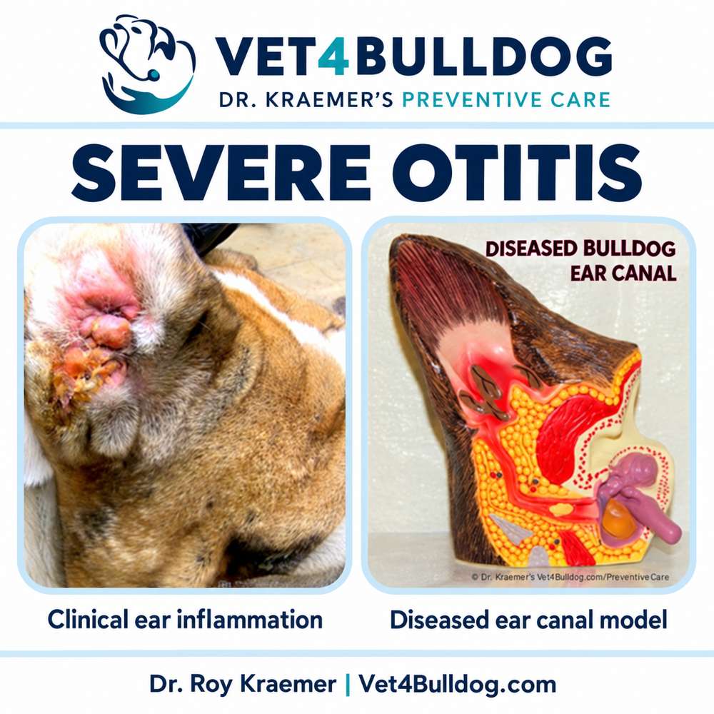 Dr. Kraemer’s clinical Bulldog severe otitis photograph and diseased ear canal model