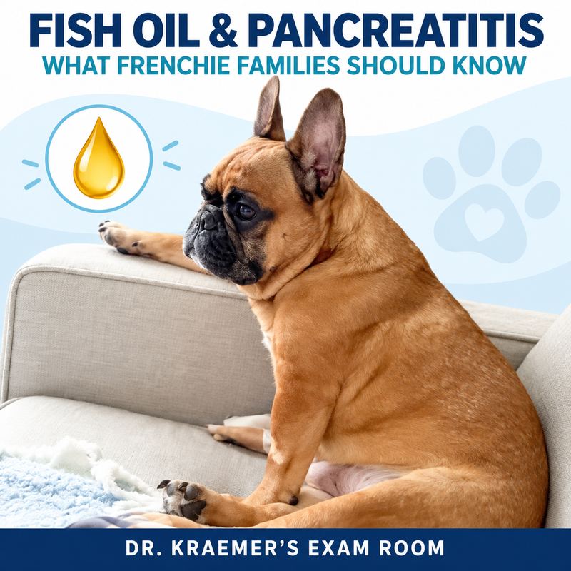 Bentley the French Bulldog beside Dr. Kraemer's fish oil and pancreatitis guide