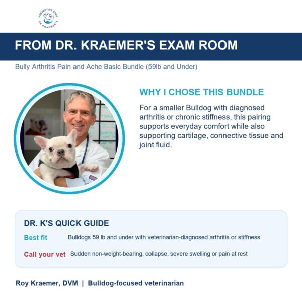 Dr. Kraemer explains why the Arthritis Pain and Ache Basic Bundle for bulldogs 59lb and under is put together the way it is