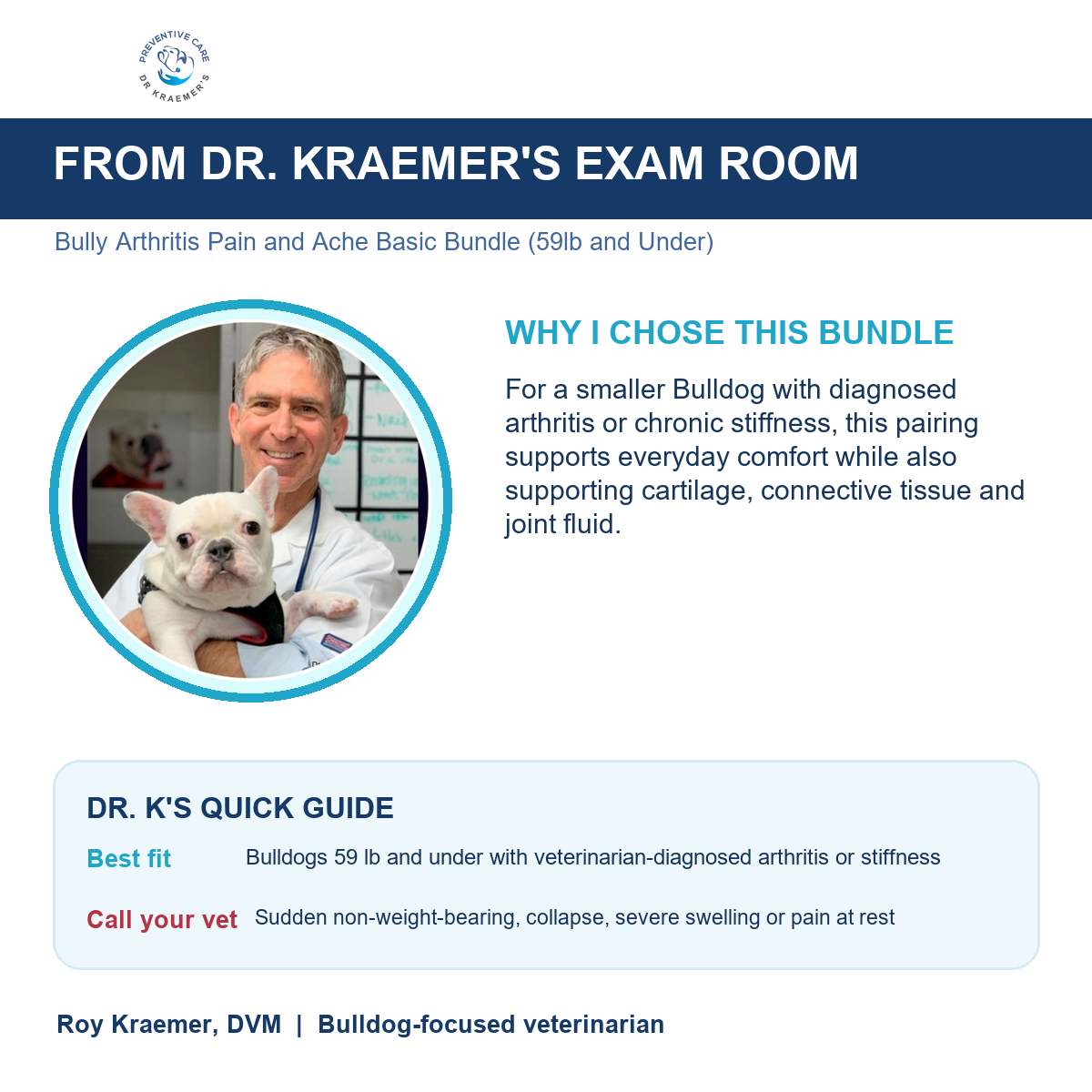 Dr. Kraemer explains why the Arthritis Pain and Ache Basic Bundle for bulldogs 59lb and under is put together the way it is