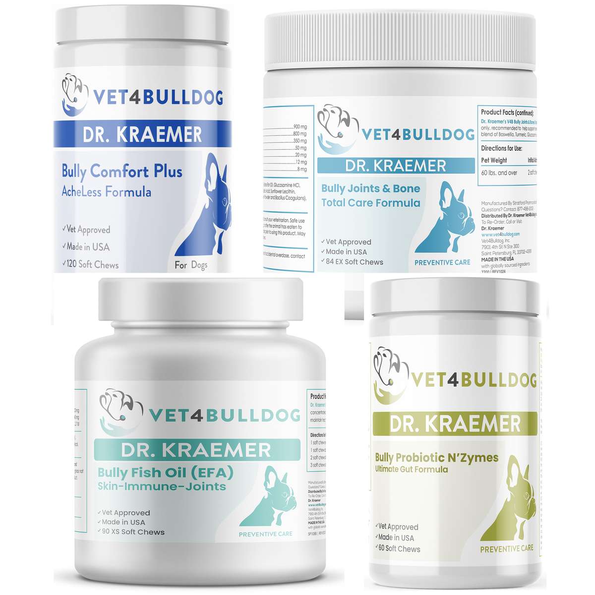 Bully Arthritis Pain and Ache Essential Bundle for bulldogs 60lb and over, all products shown together