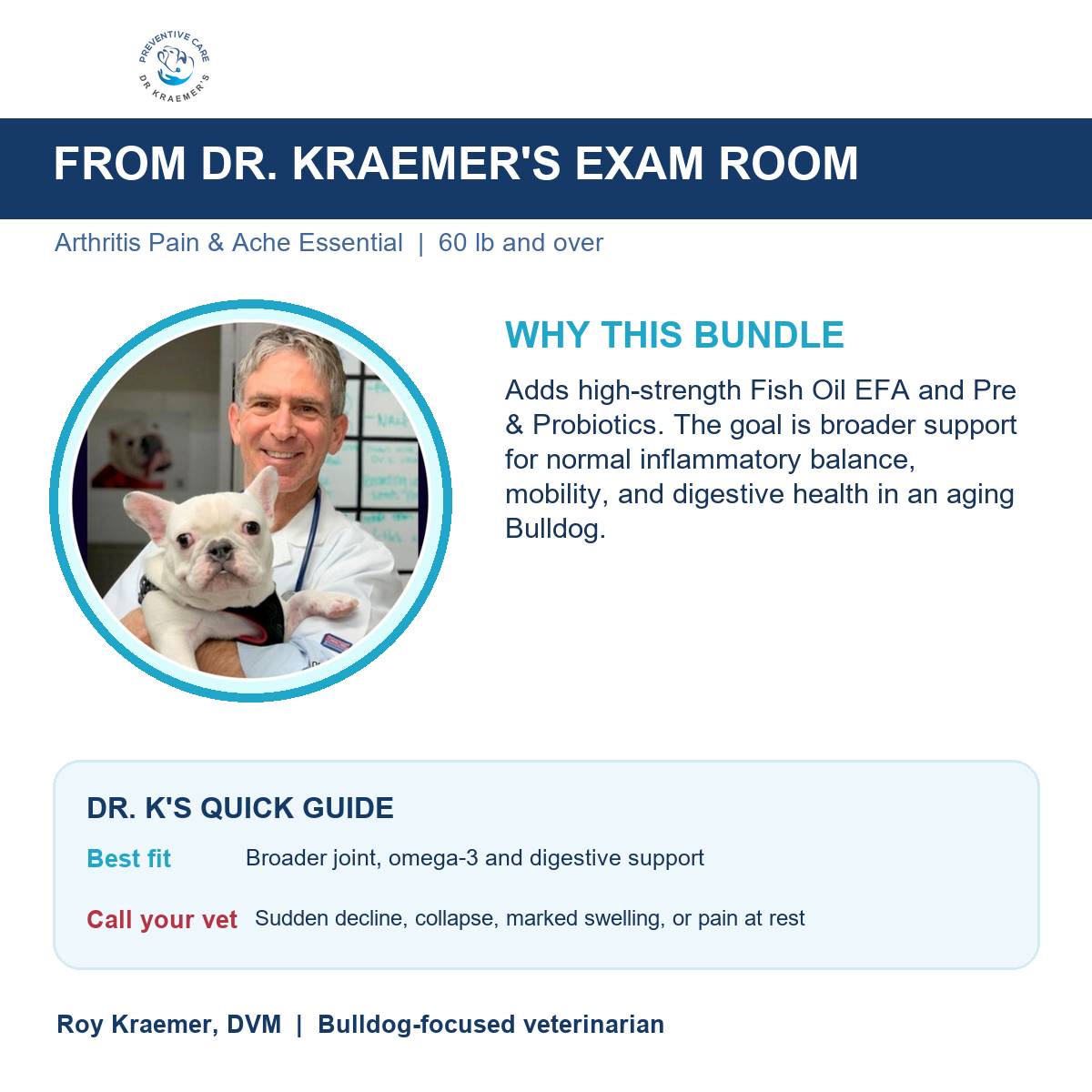Dr. Kraemer explains why the Arthritis Pain and Ache Essential Bundle for bulldogs 60lb and over is put together the way it is