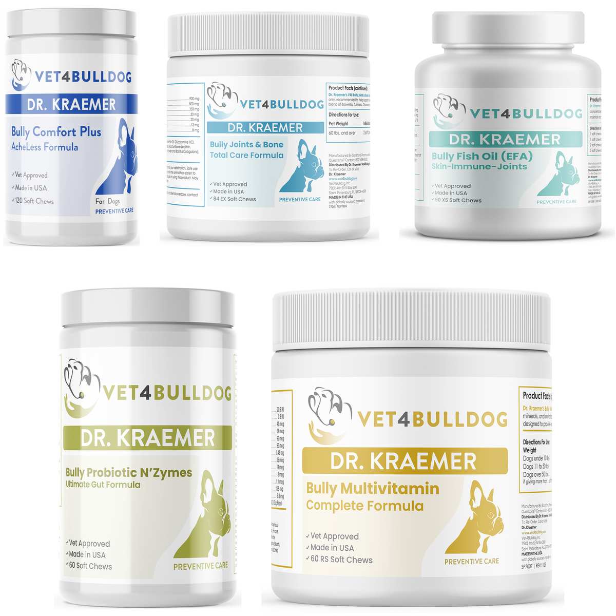 Bully Arthritis Pain and Ache Ultimate Bundle for bulldogs 60lb and over, all products shown together