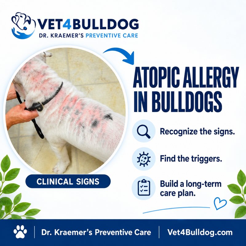 Bulldog with visible red skin beside three steps for recognizing and managing atopic dermatitis