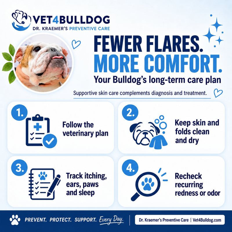 Four steps for long-term Bulldog allergy care: follow the veterinary plan, keep skin dry, track symptoms and recheck flares