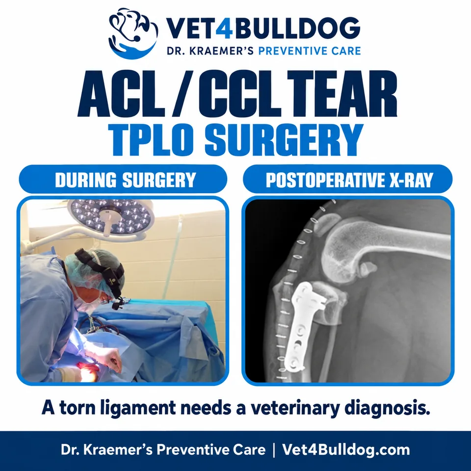 Bulldog ACL tear surgery and postoperative knee X-ray from Dr. Kraemer’s clinic