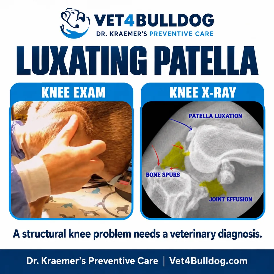 Bulldog luxating patella knee exam and X-ray from Dr. Kraemer’s clinic