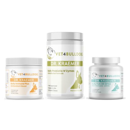 Bully Immune Support Essential Care Bundle current included products, with original 2026 Vet4Bulldog product photographs