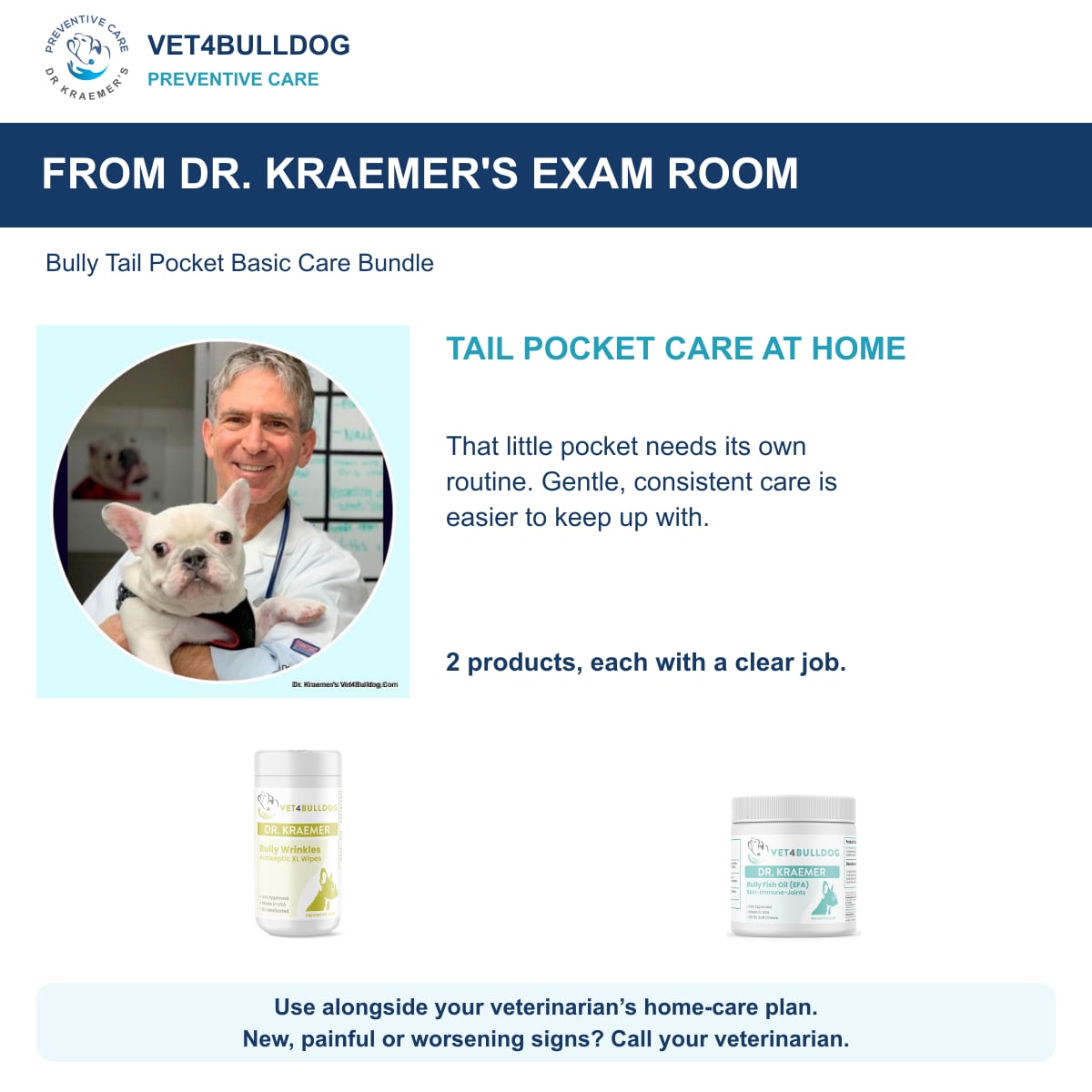 Bully Tail Pocket Basic Care Bundle: Dr. Kraemer with a French Bulldog and daily care guidance