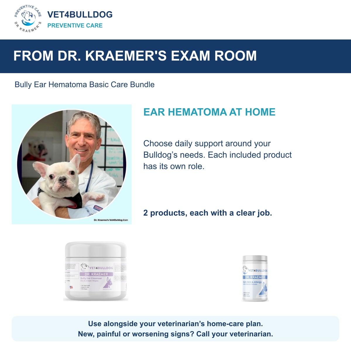Bully Ear Hematoma Basic Care Bundle from Dr. Kraemer’s exam room, with original 2026 Vet4Bulldog product photographs