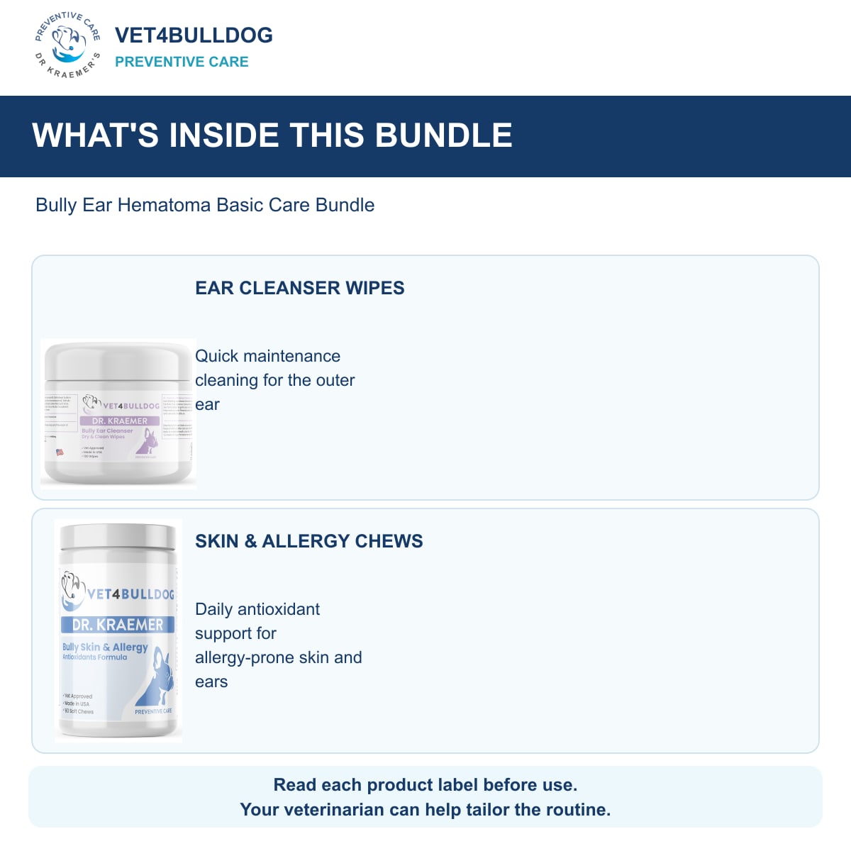 Bully Ear Hematoma Basic Care Bundle what is inside, with original 2026 Vet4Bulldog product photographs
