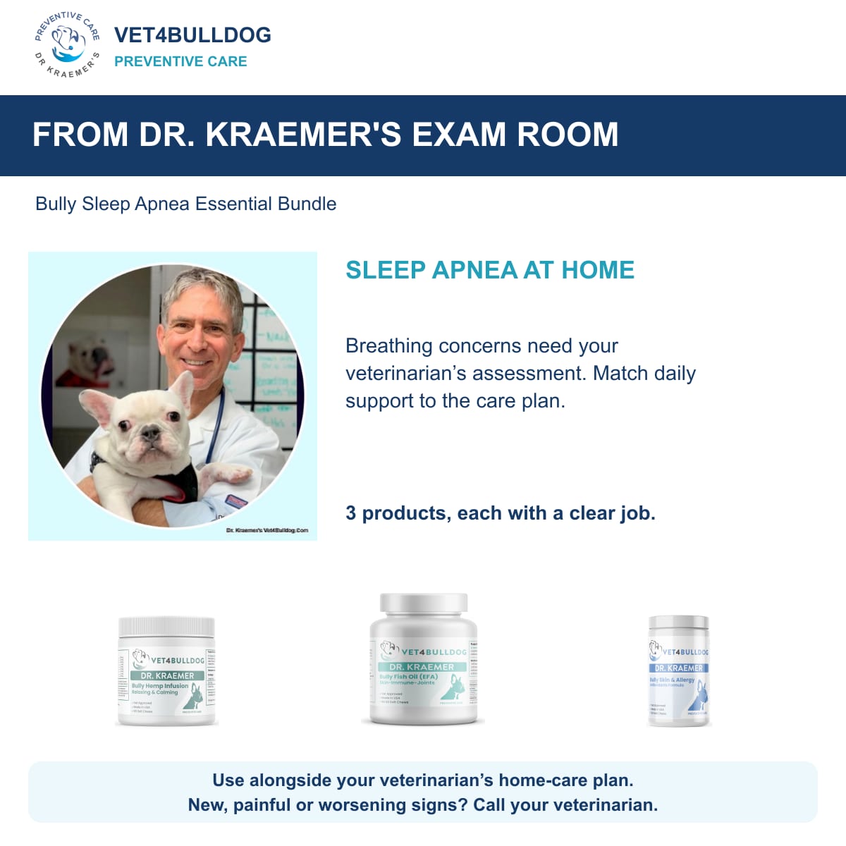 Bully Sleep Apnea Essential Bundle: Dr. Kraemer with a French Bulldog and daily care guidance