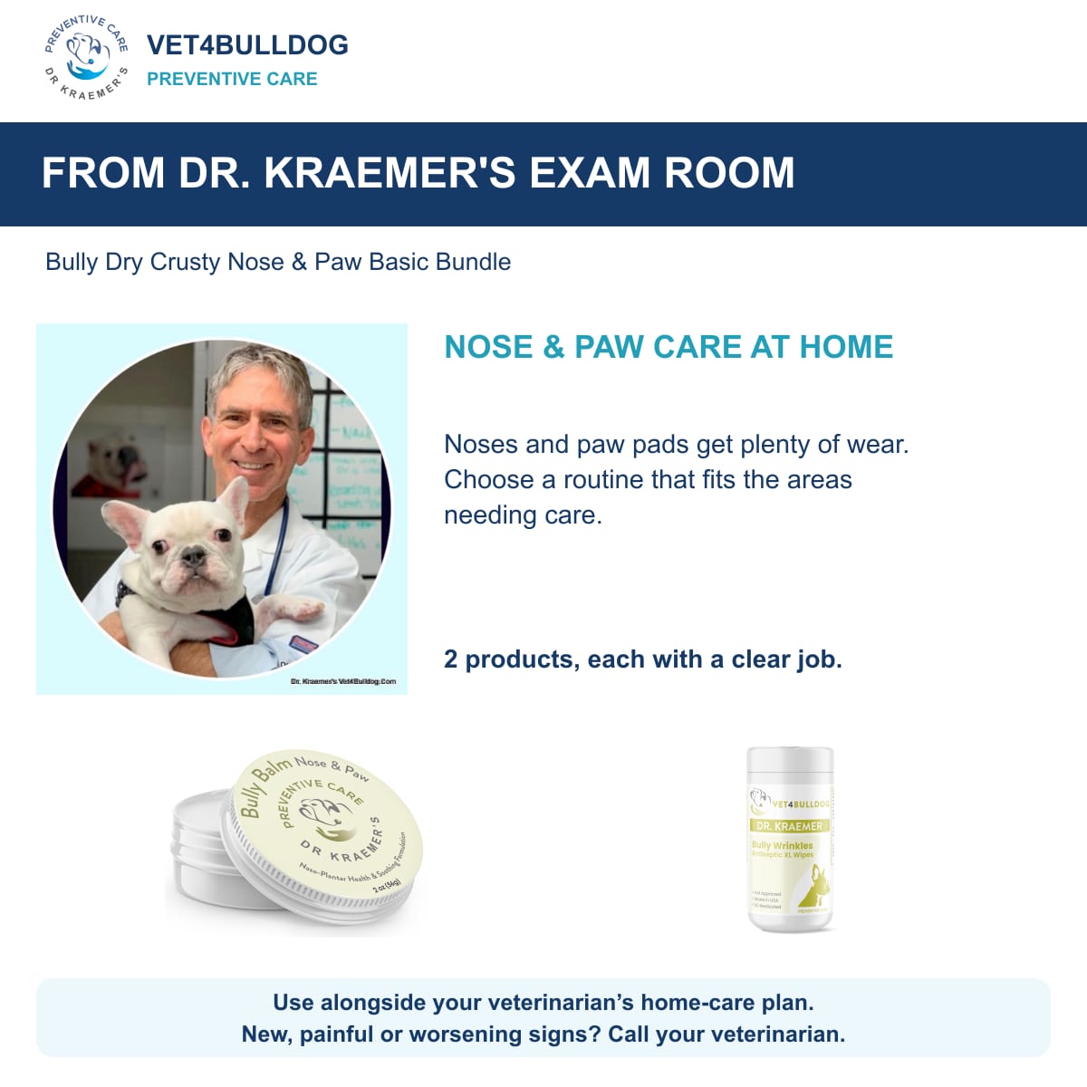 Bully Dry Crusty Nose & Paw Basic Bundle: Dr. Kraemer with a French Bulldog and daily care guidance