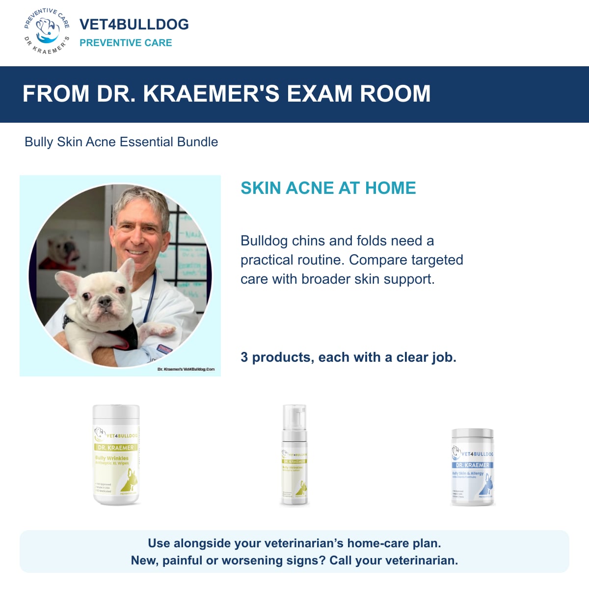 Bully Skin Acne Essential Bundle: Dr. Kraemer with a French Bulldog and daily care guidance