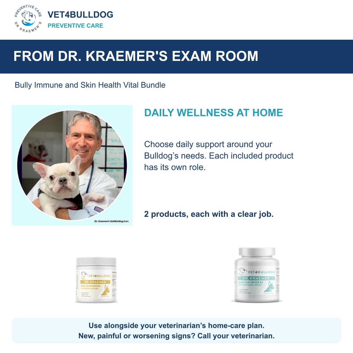 Bully Immune and Skin Health Vital Bundle: Dr. Kraemer with a French Bulldog and daily care guidance