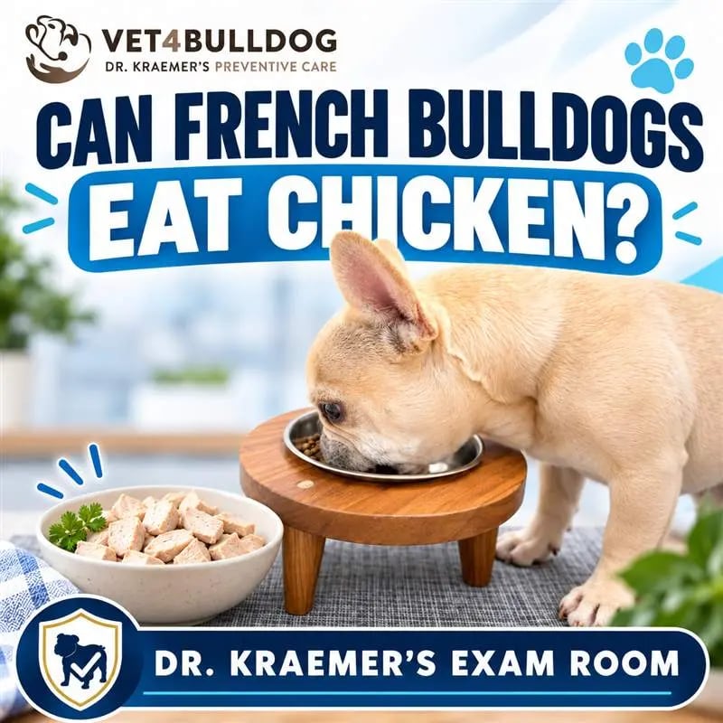 French Bulldog feeding-bowl artwork in Dr. Kraemer’s chicken question guide