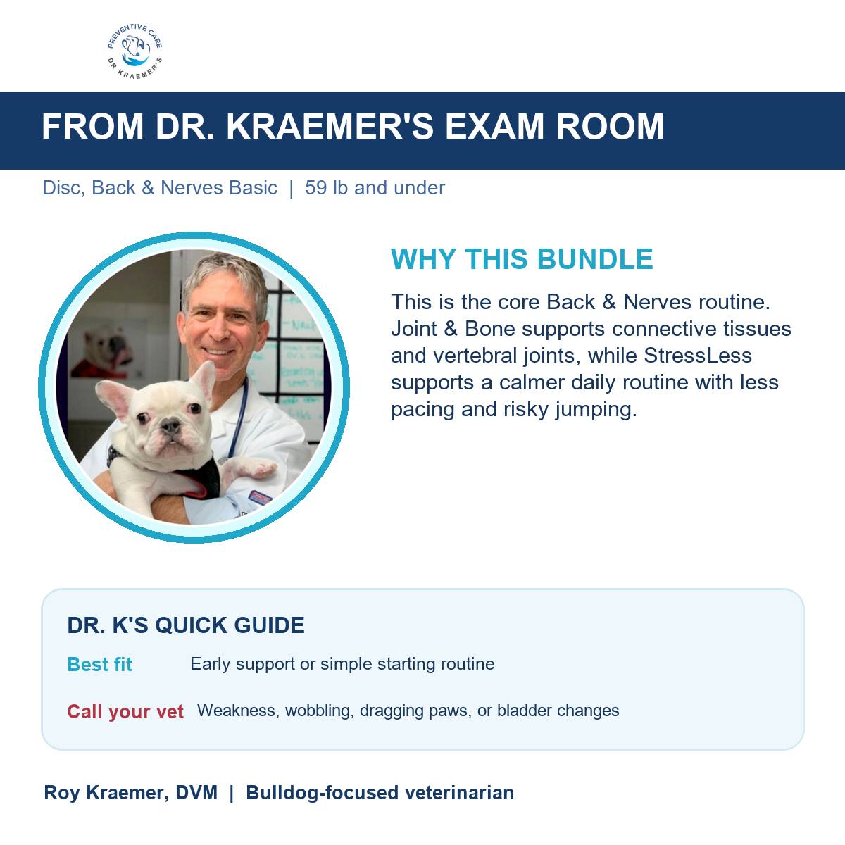 Dr. Kraemer explains why the Disc, Back and Nerves Basic Bundle for bulldogs 59lb and under is put together the way it is