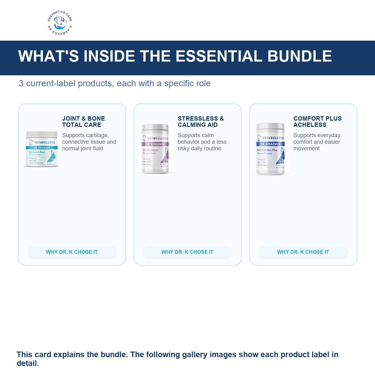 Everything included in the Bully Disc, Back and Nerves Essential Bundle for bulldogs 59lb and under