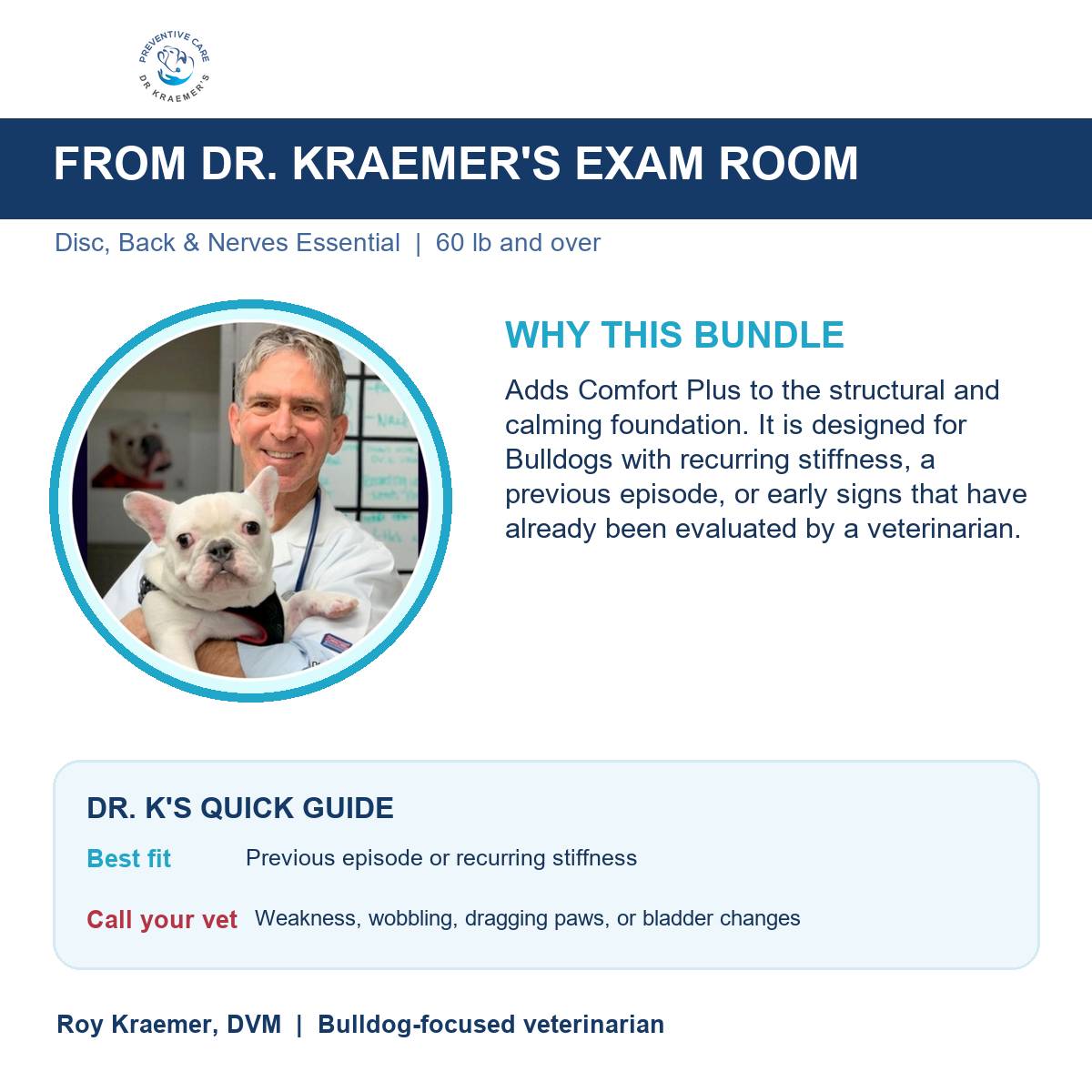 Dr. Kraemer explains why the Disc, Back and Nerves Essential Bundle for bulldogs 60lb and over is put together the way it is