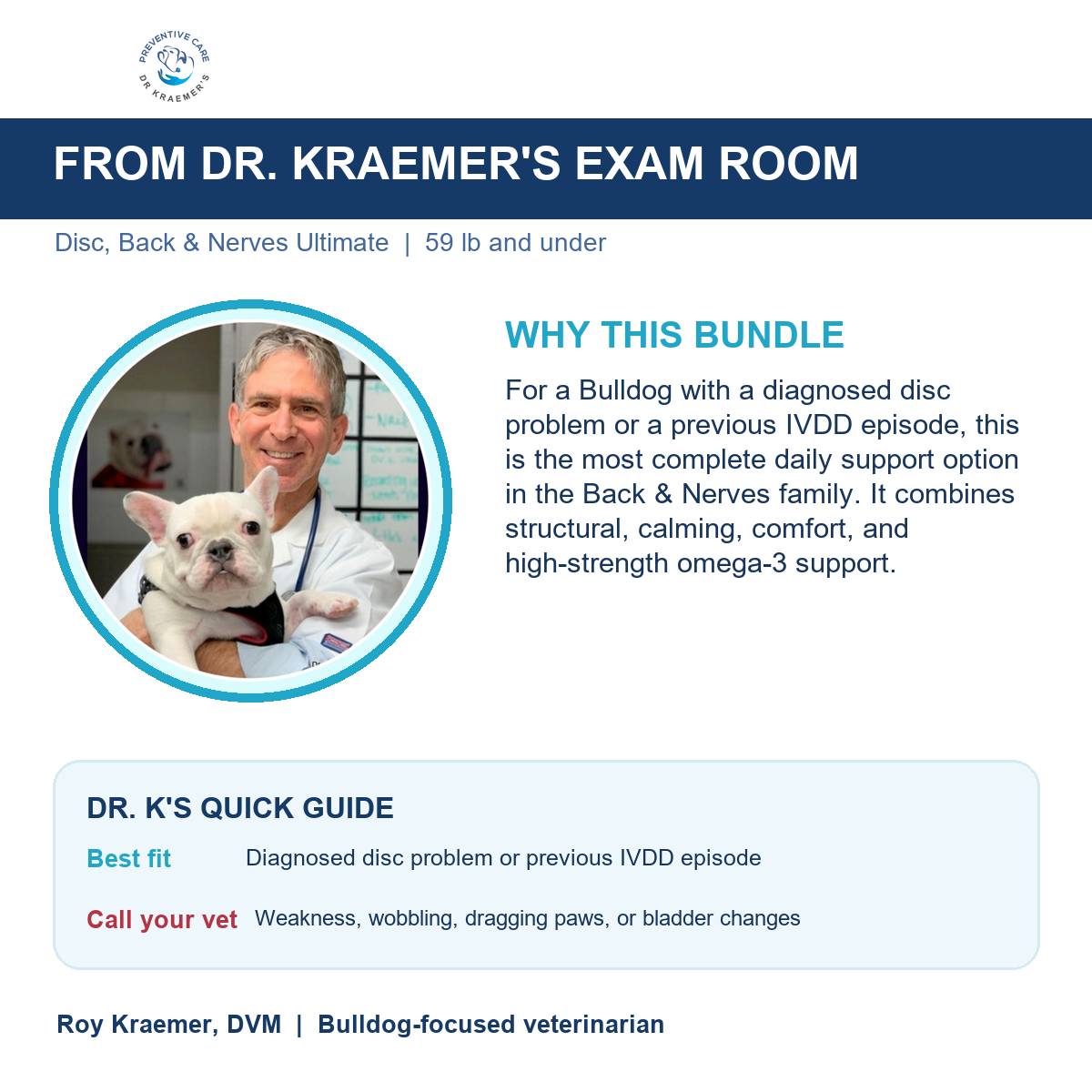 Dr. Kraemer explains why the Disc, Back and Nerves Ultimate Bundle for bulldogs 59lb and under is put together the way it is