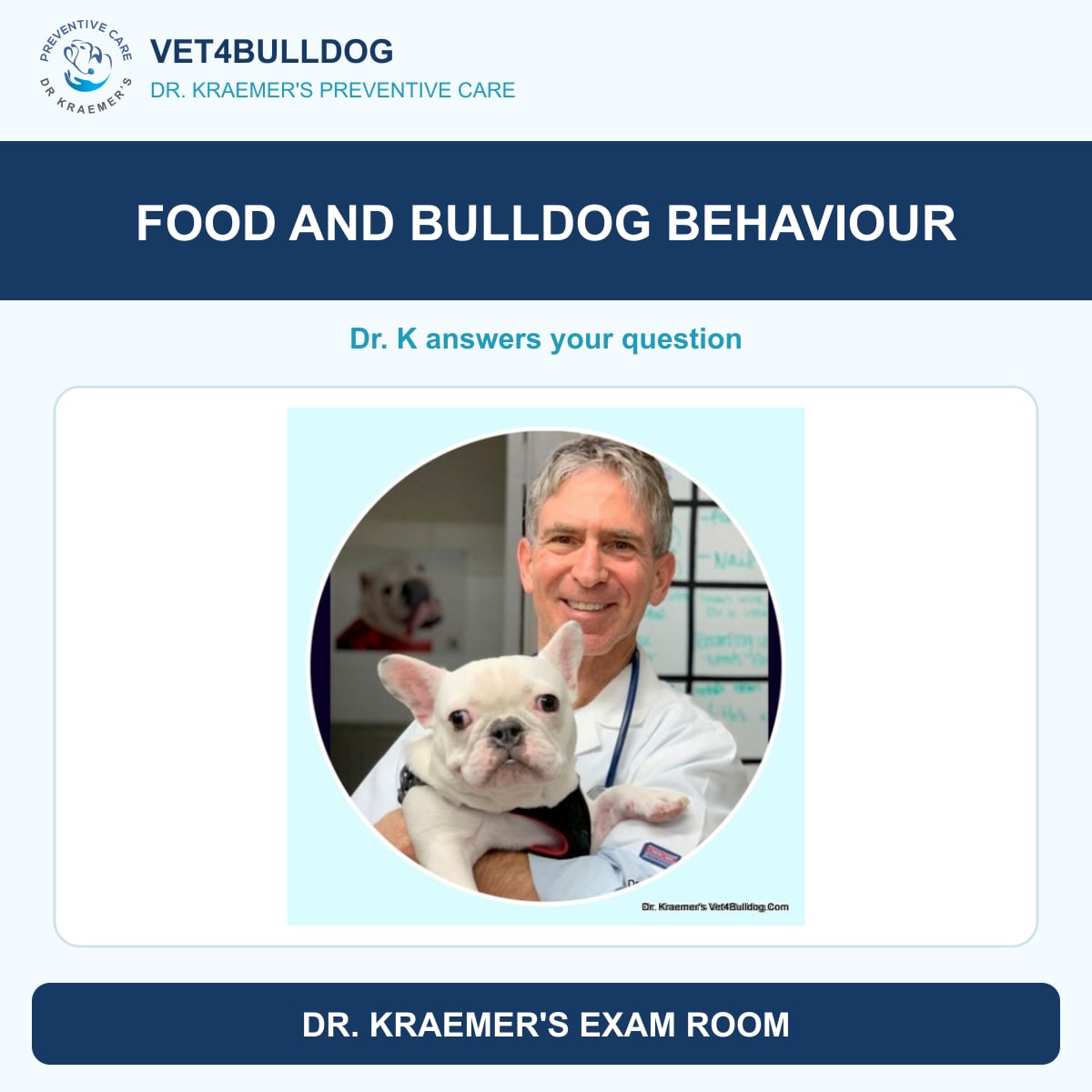 Dr. Kraemer with a French Bulldog, introducing a food and behaviour question