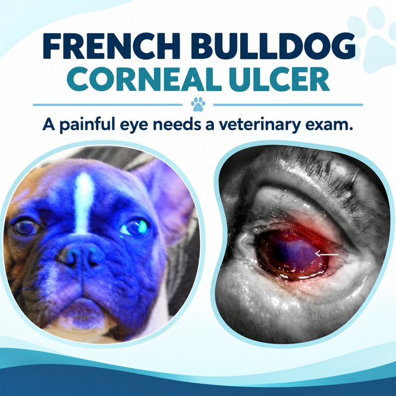 French Bulldog with a corneal ulcer beside a close-up veterinary examination photograph