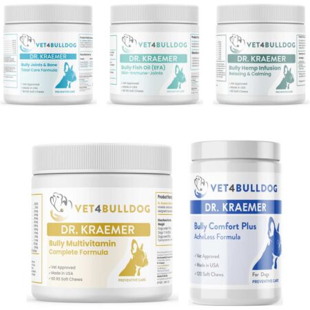 Bully Orthopedics Vital Bundle for bulldogs 59lb and under, all products shown together